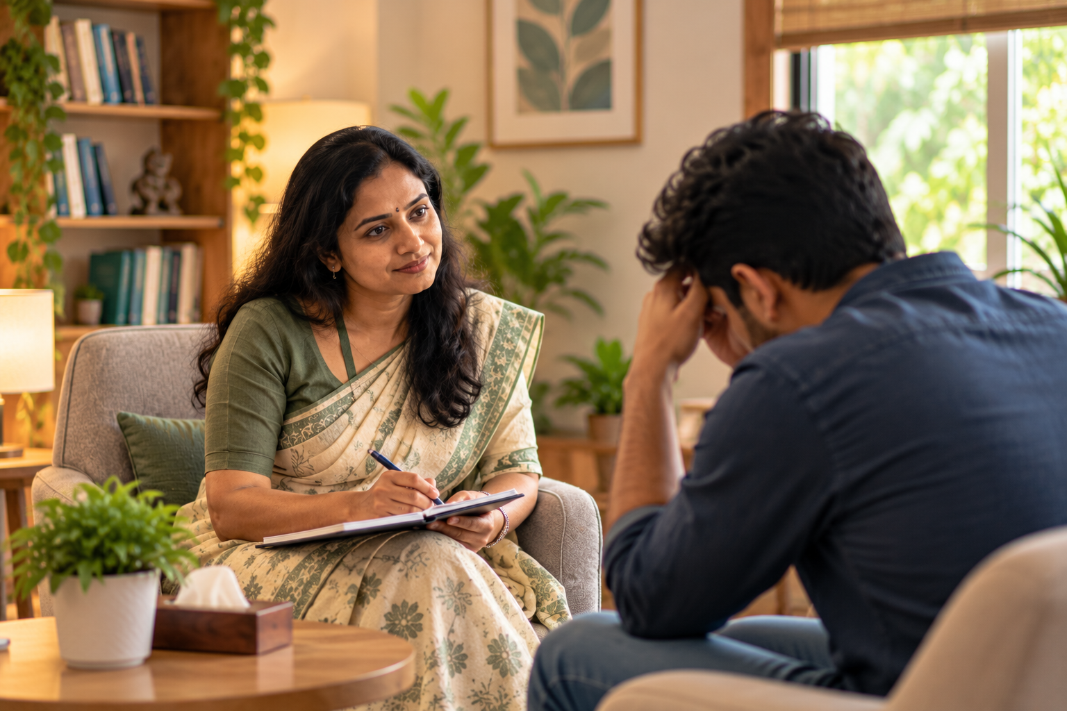 South Indian mental health professional listening supportively during a counselling session