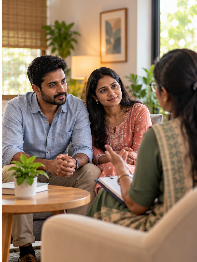 South Indian couple discussing relationship concerns in a supportive counselling setting